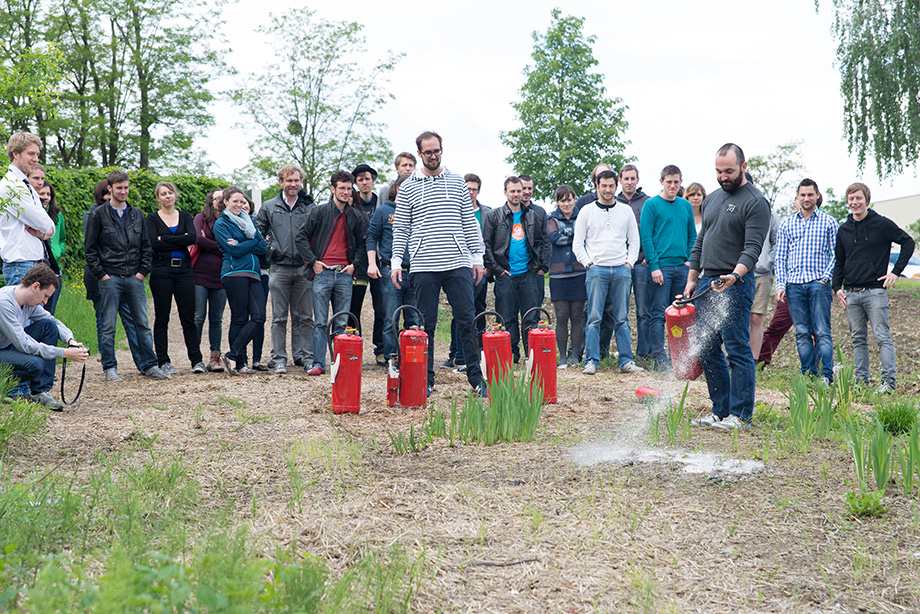 The team got to try different kinds of fire extinguishers