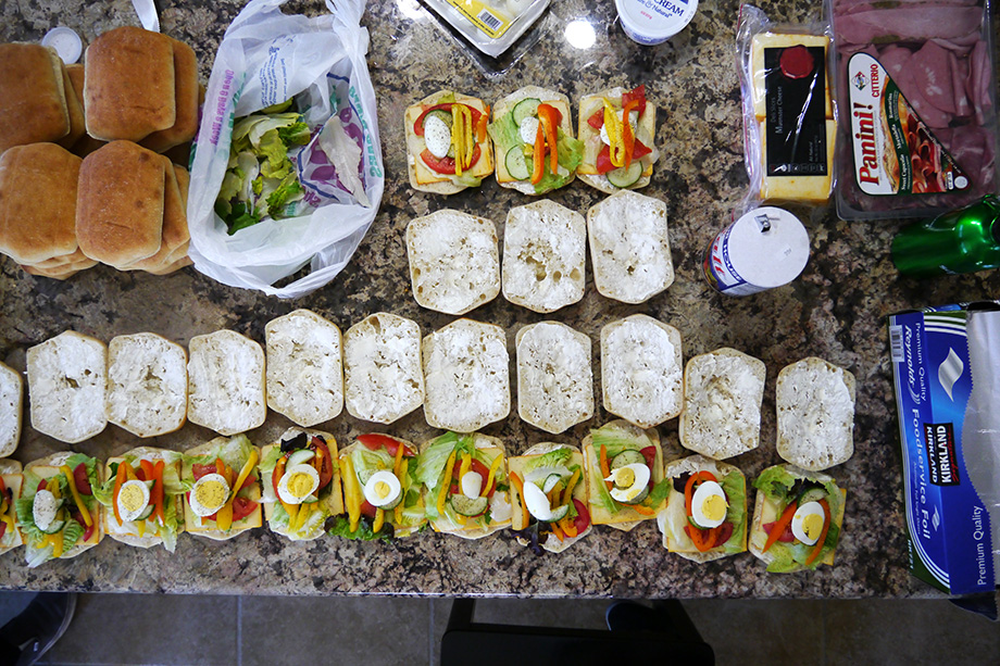 Sandwiches placed on the table.