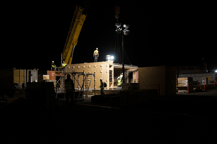 Night shot of the construction site.