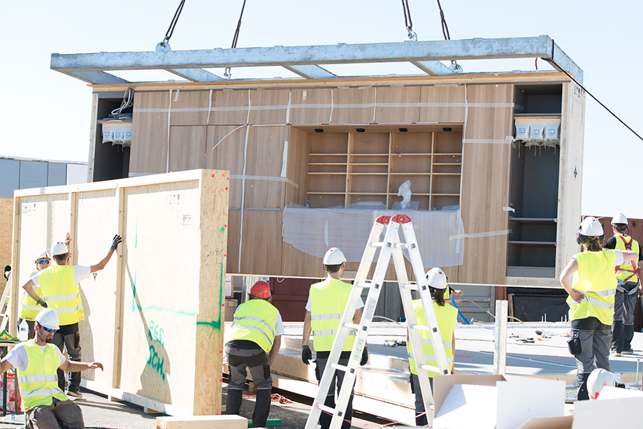 The kitchen core is being placed. 