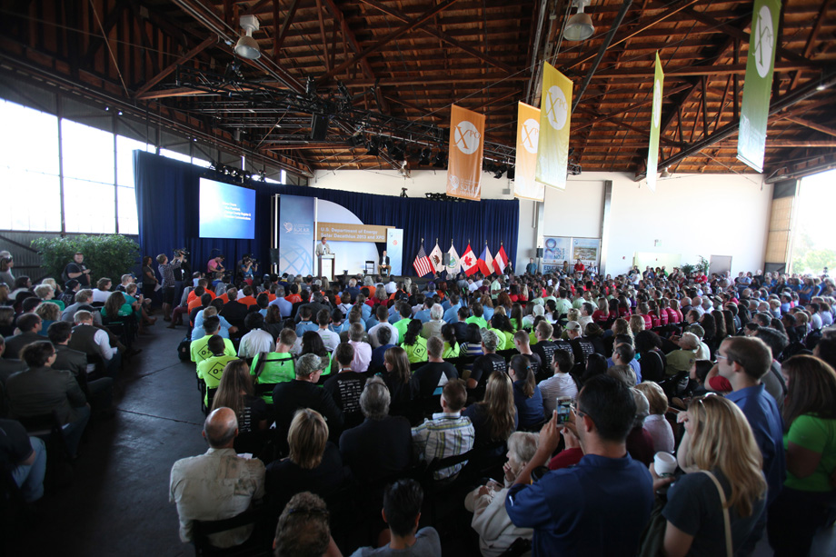 Visitors and teams gather to hear the final results at the U.S. Department of Energy Solar Decathlon 2013 at the Orange County Great Park in Irvine, Calif. on October 12, 2013 (Credit: Stefano Paltera/U.S. Department of Energy Solar Decathlon)