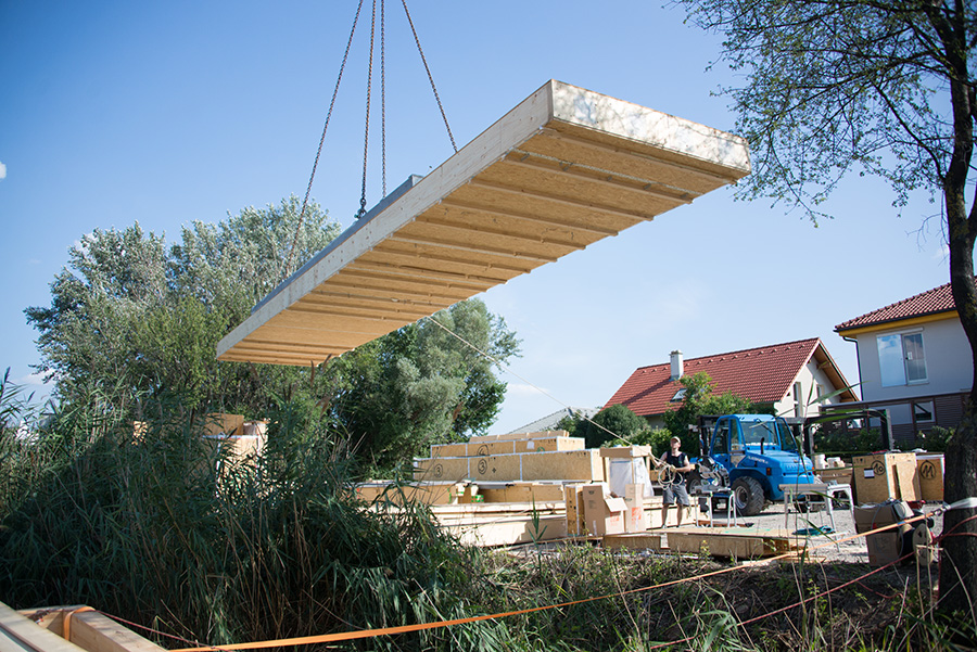 Another roof module is hovering over the pond.