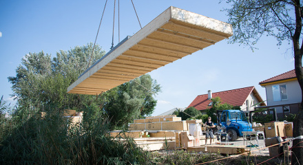 Another roof module is hovering over the pond.